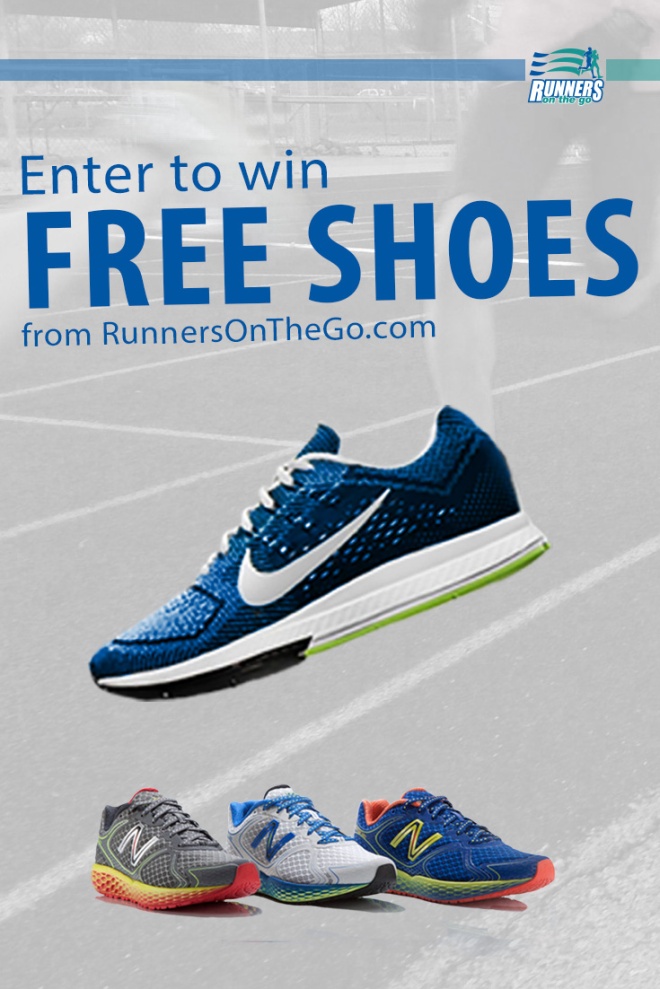 A Picture of running shoes that says "enter to win a free pair of running shoes"